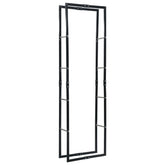 Black steel firewood rack measuring 23.6x9.8x78.7 inches with open frame design.